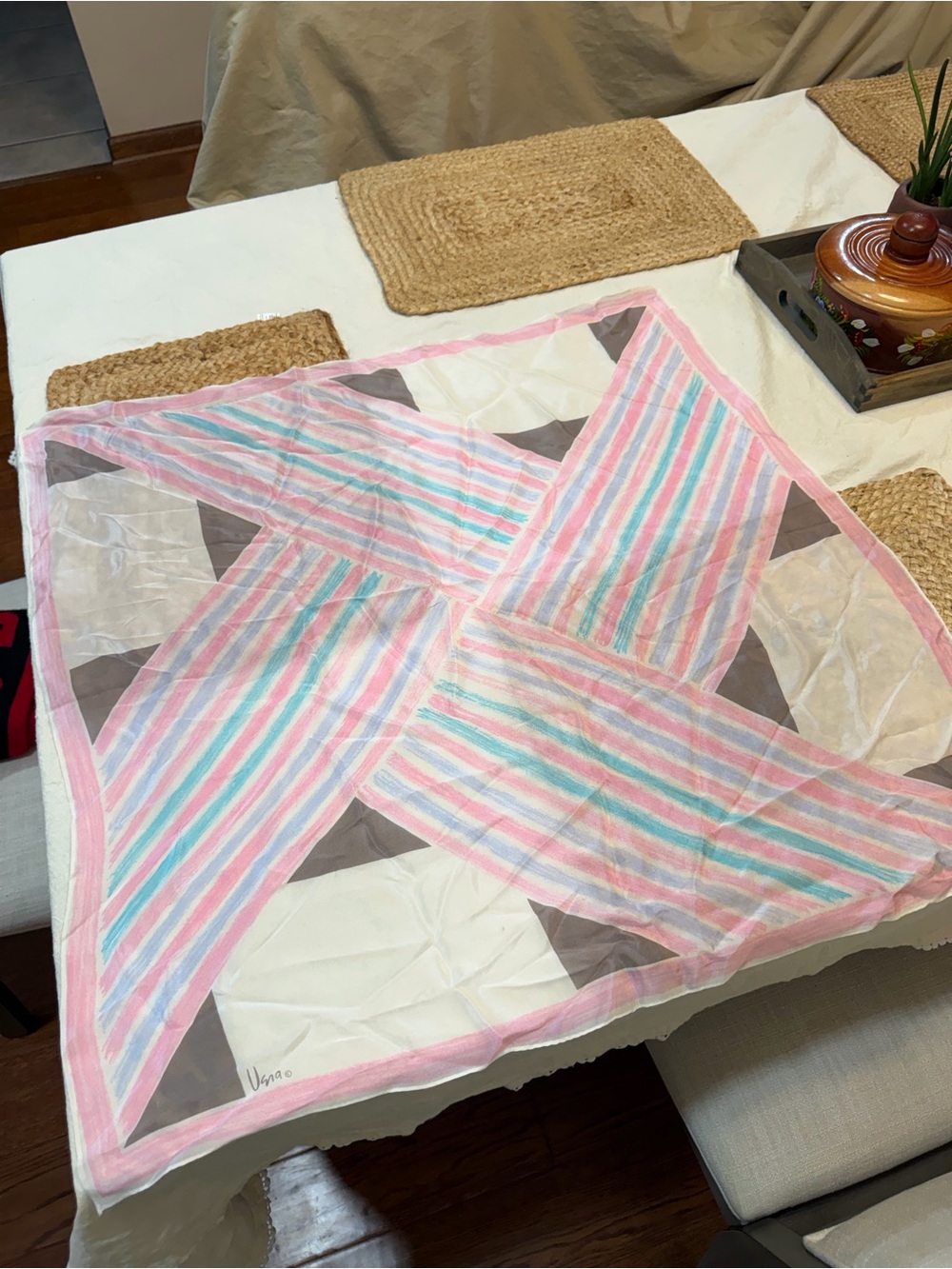 USBA Striped Pastel Square Scarf - Pink, Blue, Cream